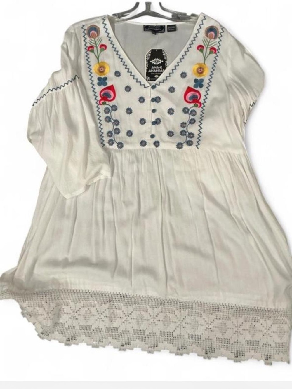 Ana K Anandas Embroidered Bell Sleeve Tunic Top (mini dress) floral embroidery.